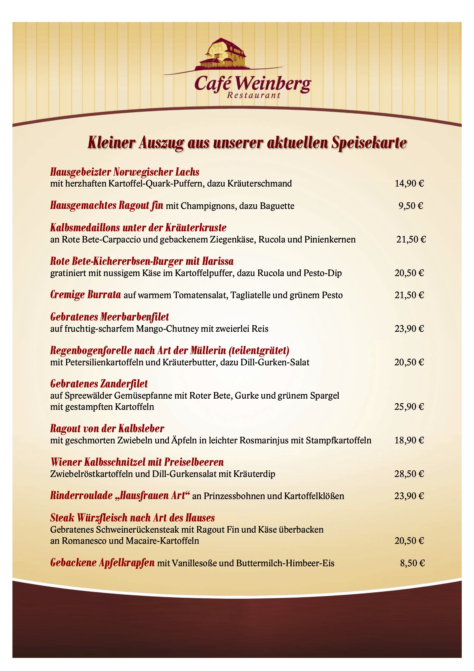 Auszug aus unserer Speisekarte